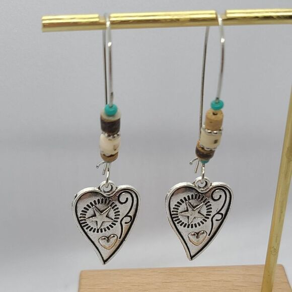 Engraved Heart Silver Dangle Earrings Turquoise Beaded Western Boho Jewelry NWT - Picture 3 of 6